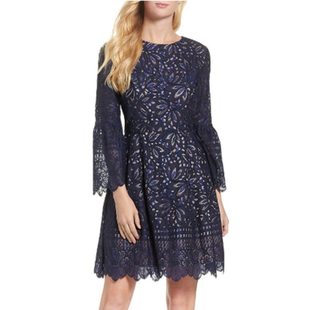Eliza J Size 16 Navy Blue Lace Dress with Champagne Slip Bell Sleeve w/ Pockets